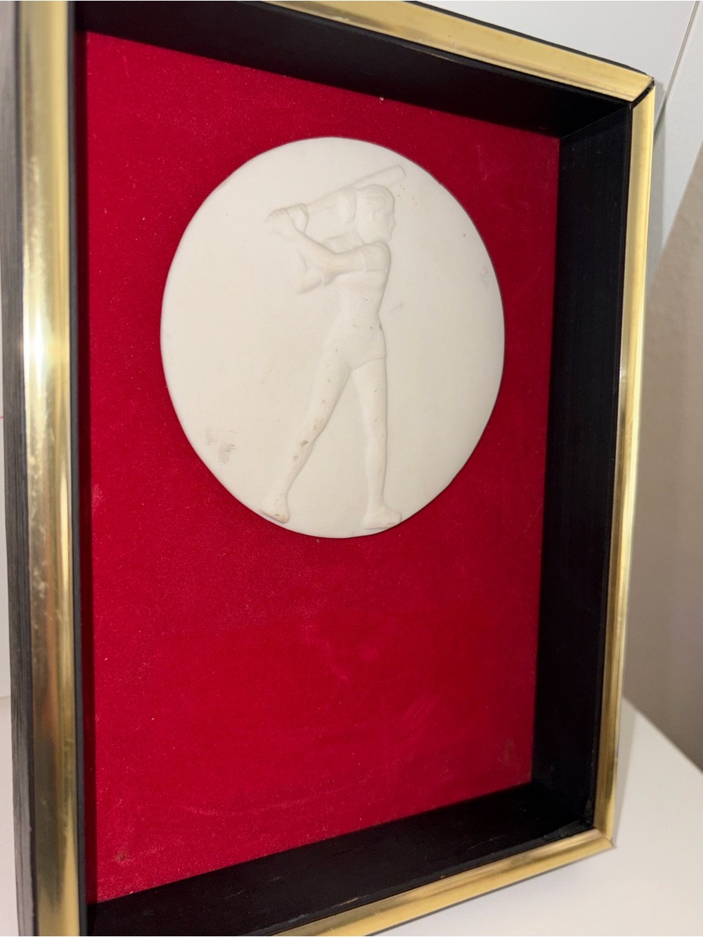 Vintage Framed Bisque Women’s Sports Plaques Set • Red Velvet Shadow Box Decor